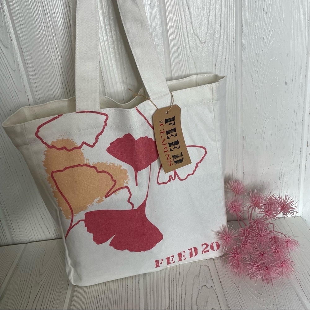 NWT FEED 20 for Clarins Tote Bag White Pink Peach Flowers 12” x 13”